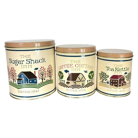 VTG Farmhouse Nesting Set of Three Tins Tea Kettle Coffee Cottage Sugar Shack - Picture 11 of 12